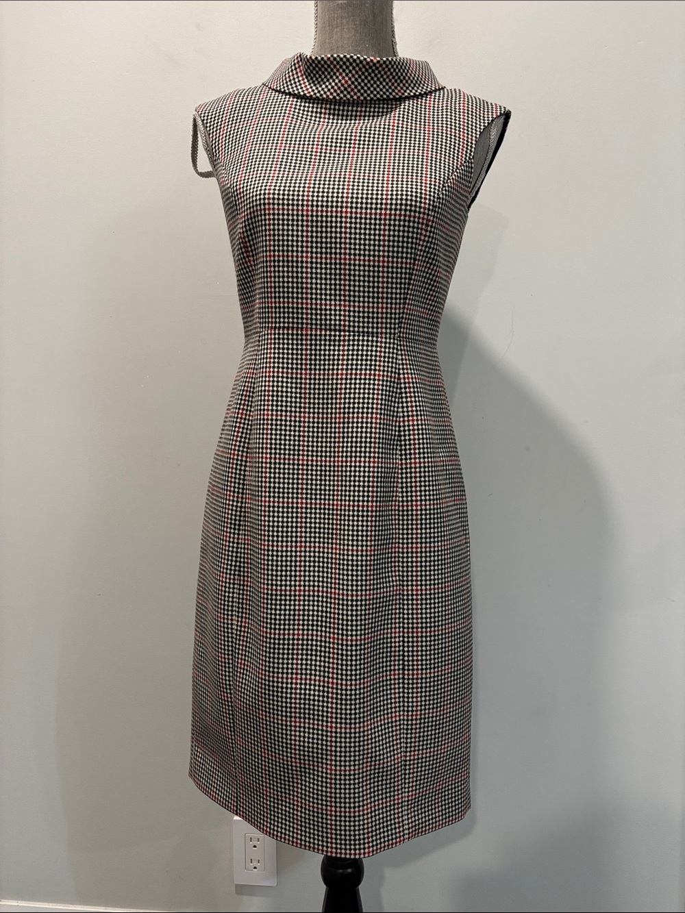 Brooks Brothers Wool Houndstooth Sheath Dress Cowl Neck 2P Black Red - Picture 2 of 15
